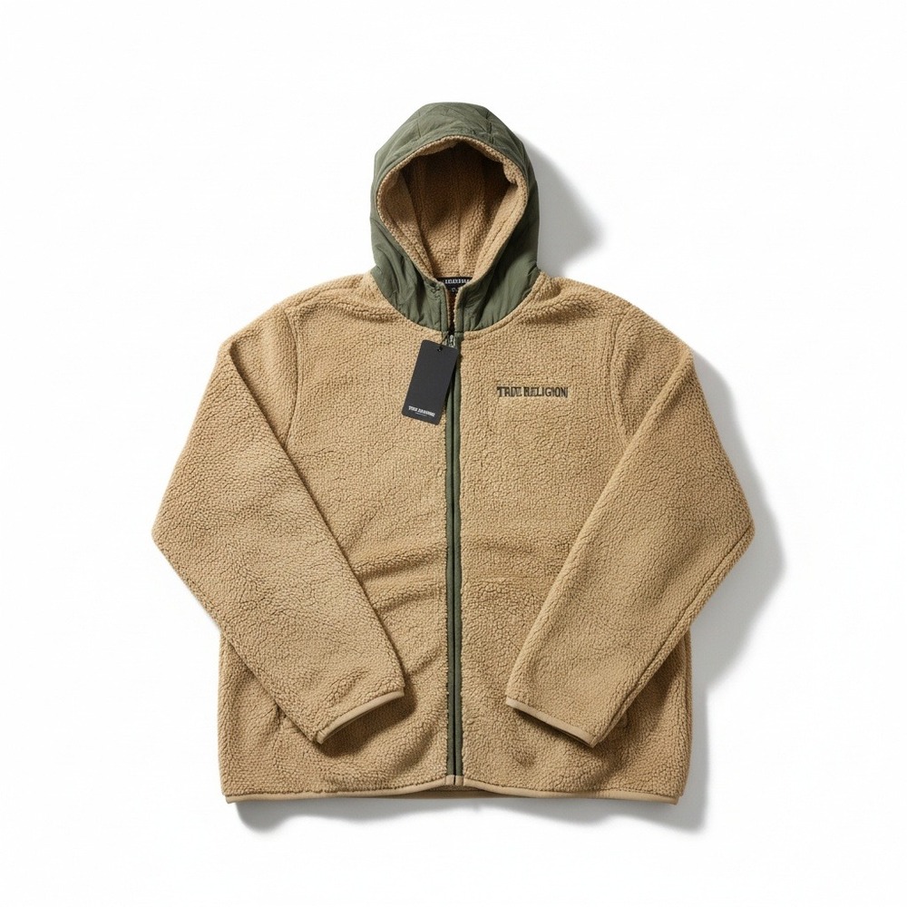 True Religion‎ Mens Contrast Sherpa Jacket XL Travertine Kalamata Fleece Hoodie